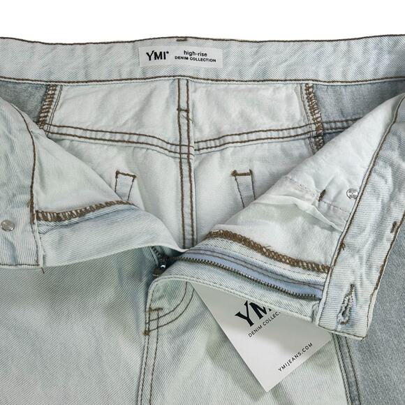 YMI Color Block Shorts Women Size 31  High Rise Two Tone Blue Frayed Hem Denim - Picture 4 of 11